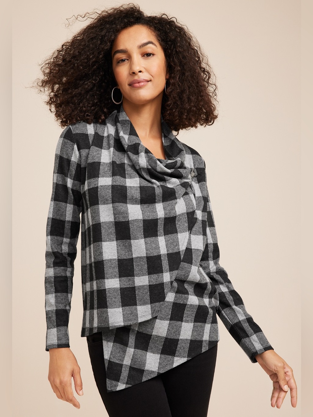 Maurices Black and Gray Plaid Wrap Cardigan Layer Warm Asymmetrical Winter